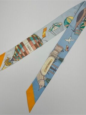 Hermes Twilly Les Folies du Ciel Silk Scarf Blue Sky Mustard Hot Air Balloon